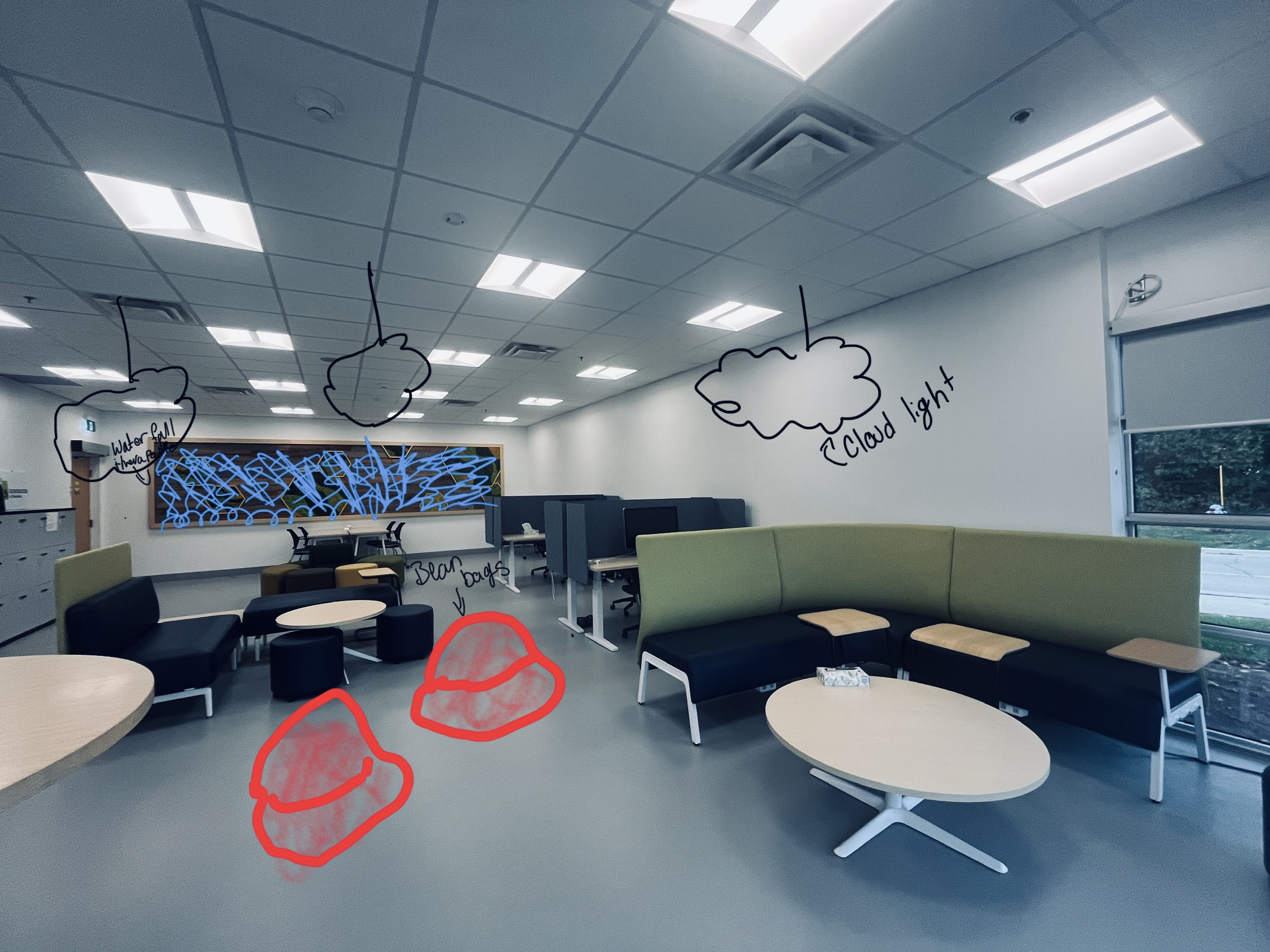 Idea 2 is to create a sensory work spcae with dimmed lights, cloud lights, as well a a waterfall, and bean bags. To have it as a productive but relaxing space for people to work while also avoiding mid-day slumps (especially during the winter season).<div class='container'><iframe class='responsive-iframe' src='https://www.youtube.com/embed/tgbNymZ7vqY'></iframe></div>